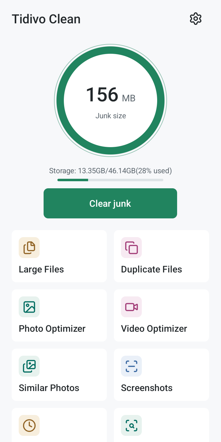 Tidivo Clean home screen showing storage and file tools